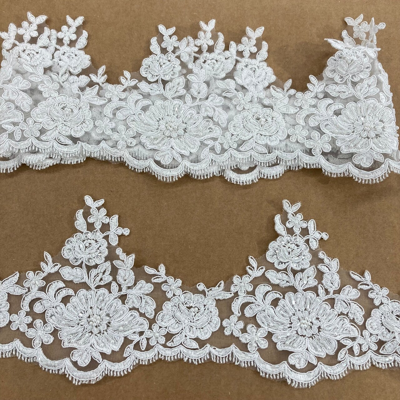 1 Yard Embroidered on 100% Polyester Net Mesh 6″ Wide Beaded & Corded Floral Lace Trimming